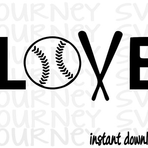 May include: Black and white graphic design of the word "LOVE" with a baseball and two crossed bats in the center. The word "LOVE" is in all caps and the baseball has stitching.