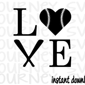 Peut inclure: Conception graphique en noir et blanc du mot « LOVE » avec un ballon de baseball en forme de cœur à la place du « O ». Deux bâtons de baseball croisés sont utilisés comme le « V ».