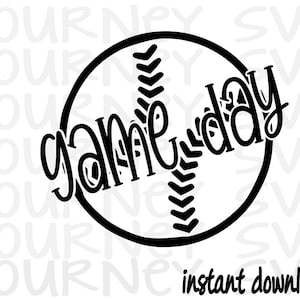 Peut inclure: Conception graphique en noir et blanc d'une balle de baseball avec le texte "game day" écrit dans une police de caractères stylisée.