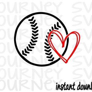 Peut inclure: Un dessin de baseball noir et blanc avec un cœur rouge. Le ballon de baseball présente des coutures détaillées. Le cœur rouge est dessiné avec un seul trait. Les mots "instant download" sont en bas.