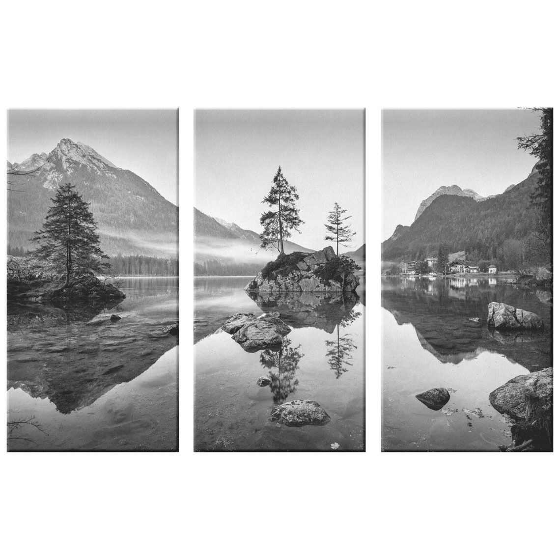 3 Piece Mountain Wall Art Lake Reflection Trees Black & White Etsy