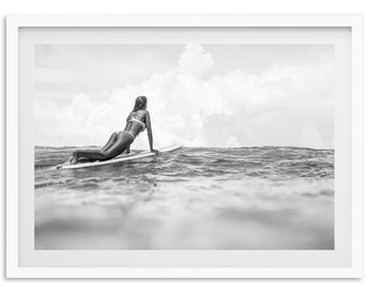 Fine Art Surf Girl Print - Black and White Photography Ocean Coastal Beach House Framed Fine Art Home Wall Decor