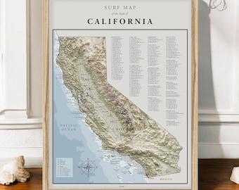 California Surf Map Print | Framed Topographic Relief, Coastal Wall Art