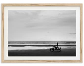Fine Art Black and White Motorcycle Print - Framed Coastal Cowgirl Wall Decor, Vintage Beach Photography, Coastal Wall Art