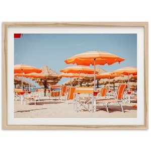 Fine Art Photography Beach Print - Italy Coastal Orange Umbrellas Ocean Minimalist Wall Art Framed Travel Lifestyle Home Decor