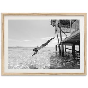 Framed Fine Art Photography Print - Minimalist Wall Art, Black and White Beach Woman Dive Luxury Lifestyle Coastal Life, Vintage Ocean Print