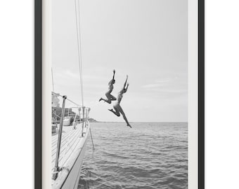 Framed Black and White Photography Print | Coastal Wall Art, Sailboat Ocean Decor, Double Dip