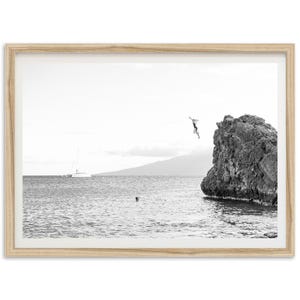 Framed Maui Cliff Jump Photography Print | Black and White Coastal Wall Art