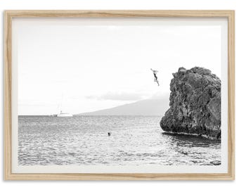 Framed Maui Cliff Jump Photography Print | Black and White Coastal Wall Art