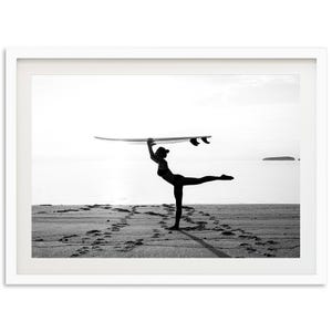 Fine Art Surf Print - Framed Black and White Photography, Coastal Home Decor, Beach Wall Art, Woman Doing Yoga,