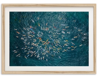 Framed Surf Photography Print | Aerial Beach Wall Art, San Diego Ocean Decor, Paddle Out