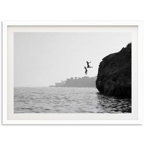 Framed Photography Wall Art | Black and White Print, Coastal Ocean Decor, Cliff Jumping White