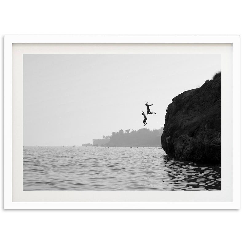 Framed Photography Wall Art | Black and White Print, Coastal Ocean Decor, Cliff Jumping White