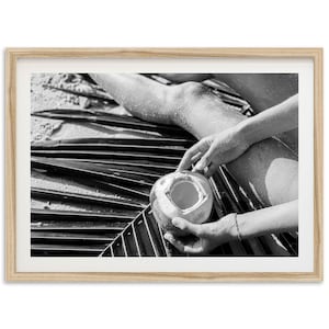 Fine Art Photography Black & White Print - Tropical Coconut Palm Travel Ocean Wall Art Framed Beach Lifestyle Home Decor