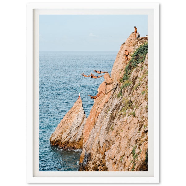 Fine Art Photography Print - Ocean Cliff Jump Acapulco Mexico Coastal Wall Art Framed Beach Home Decor