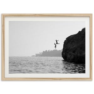 Framed Photography Wall Art | Black and White Print, Coastal Ocean Decor, Cliff Jumping
