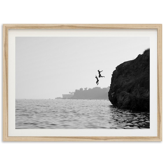 Framed Photography Wall Art | Black and White Print, Coastal Ocean Decor, Cliff Jumping