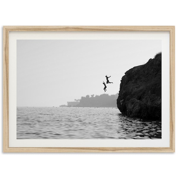 Framed Photography Wall Art | Black and White Print, Coastal Ocean Decor, Cliff Jumping