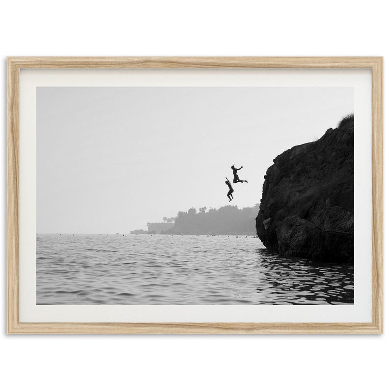 Framed Photography Wall Art | Black and White Print, Coastal Ocean Decor, Cliff Jumping Natural