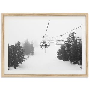 Framed Ski Lift Print | Black and White Winter Art, Cabin Decor, Mountain Snowboard Photography