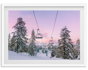 Fine Art Mountain Ski Lift Print - Snowy Forest Trees Sunset Framed Fine Art Photography Home Wall Decor