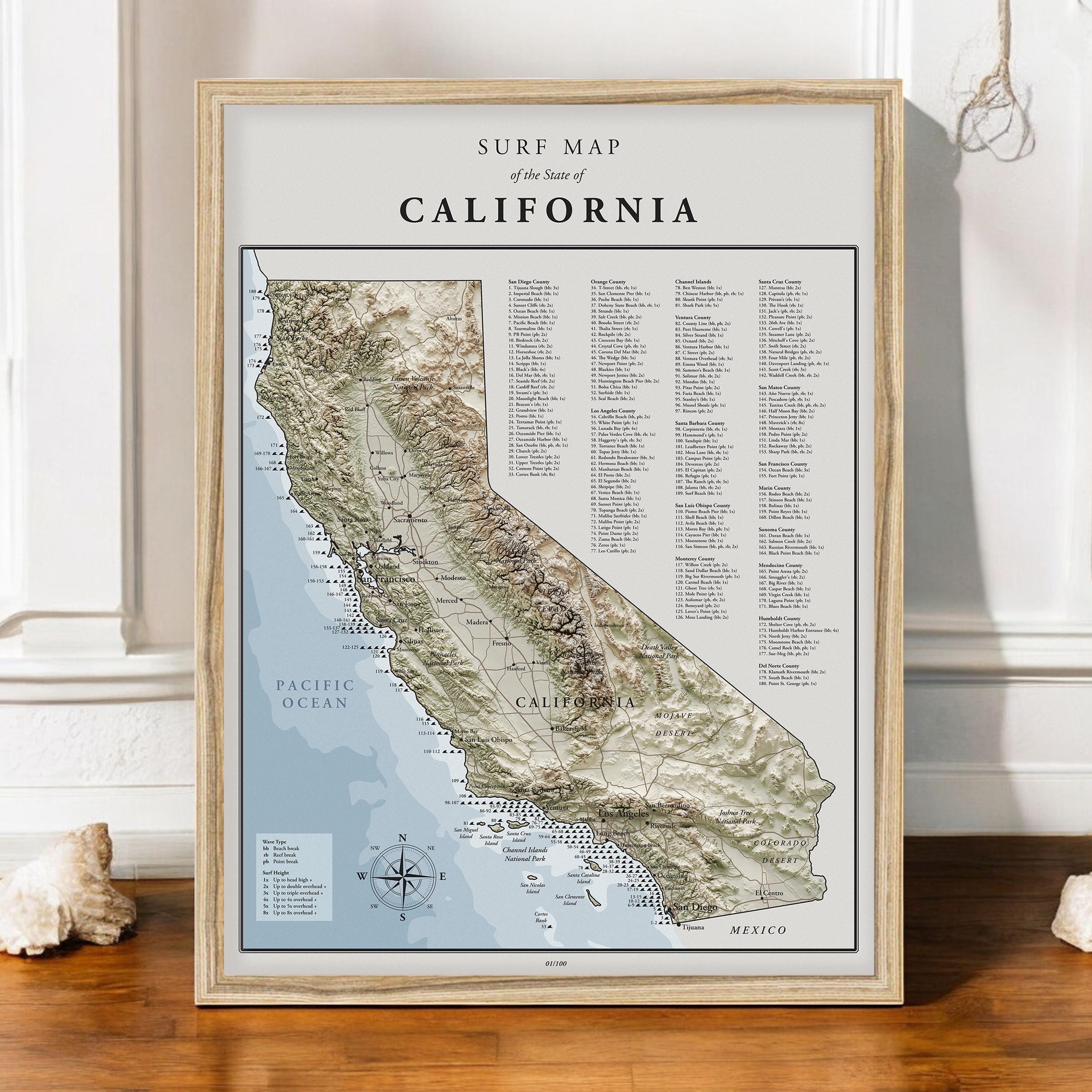 Surf Map of California | Framed California Wall Art Surf