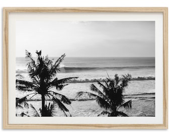 Fine Art Ocean Palms Surf Print - Black and White Beach Waves Framed Fine Art Photography Wall Decor