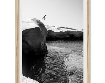 Fine Art Photography Print - Black and White Ocean Cliff Jump Minimalist Wall Art Framed Beach Home Decor