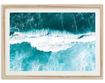 Framed Aerial Beach Photography Print | Breaking Wave, Ocean Art