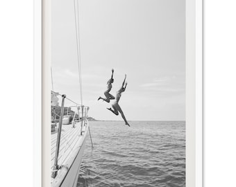 Fine Art Photography Print - Black and White Ocean Jump Sail Boat Yacht Minimalist Wall Art Framed Beach Lifestyle Home Decor