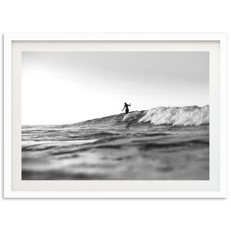 Fine Art Black and White Surf Print Ocean Longboard Beach House Framed Fine Art Photography Wall Decor image 1