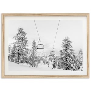 Framed Ski Mountain Wall Art | Black and White Cabin Decor, Winter Landscape Photography, The Lift