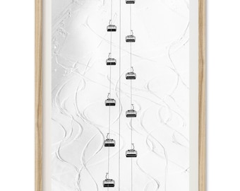 Lámina enmarcada de telesilla / Arte mural de montaña en blanco y negro, decoración de cabaña