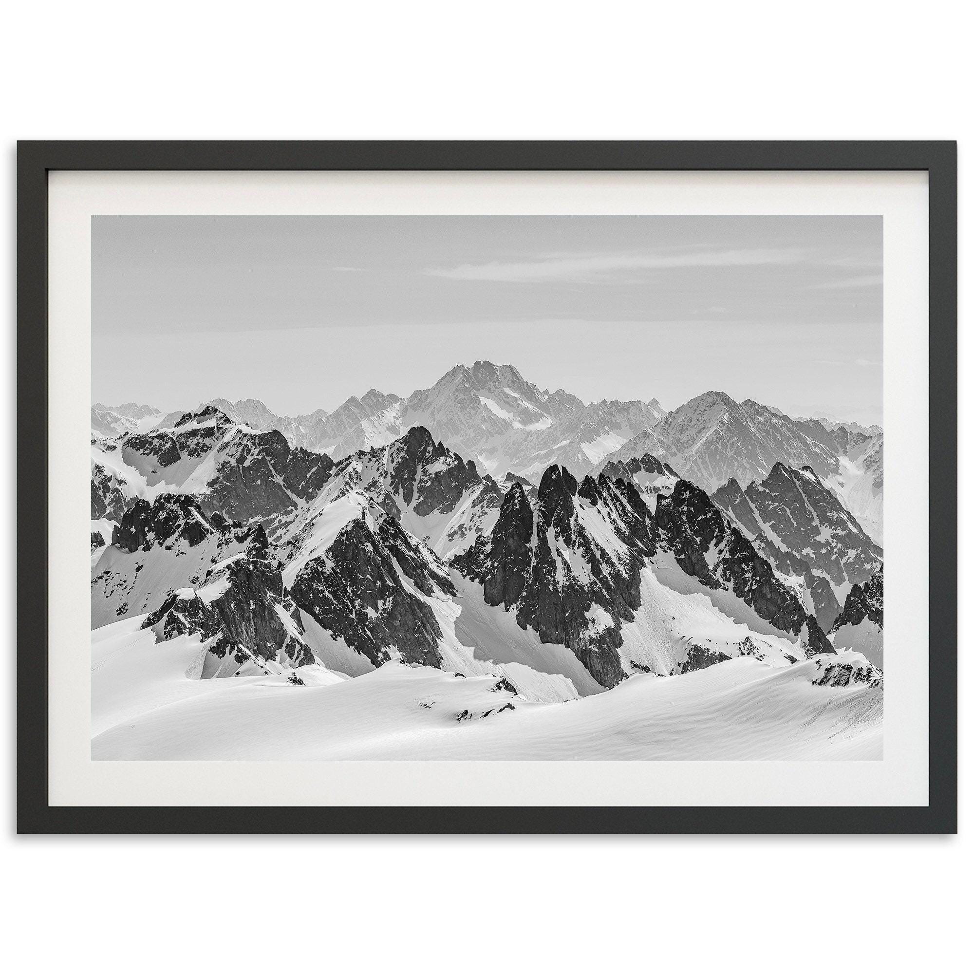 Framed Fine Art Mountain Alps Print - Black and White Swiss Ski Labdscape Framed Fine Art Photography Home Cabin Wall Decor