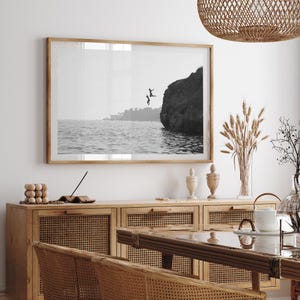 Framed Photography Wall Art | Black and White Print, Coastal Ocean Decor, Cliff Jumping image 4