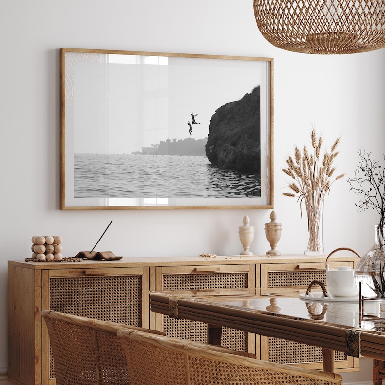 Framed Photography Wall Art | Black and White Print, Coastal Ocean Decor, Cliff Jumping image 4