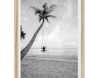 Framed Black and White Beach Print | Palm Tree Swing, Coastal Wall Art