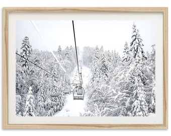 Fine Art Mountain Ski Lift Print - Black and White Winter Snow Forest Cabin Framed Photography Home Wall Decor
