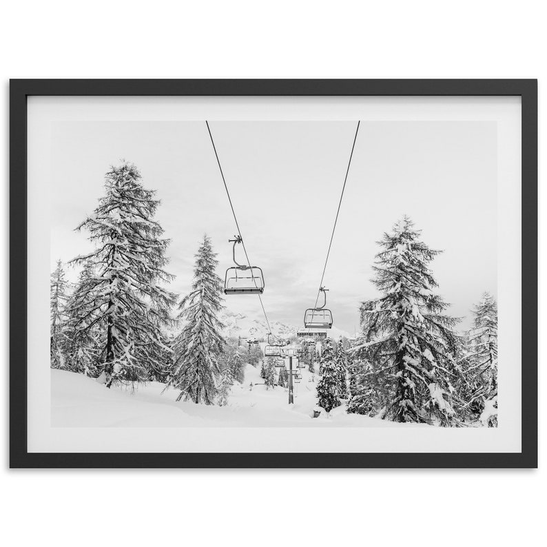 Fine Art Mountain Ski Art Black and White Photography Framed Print Snow Winter Forest Cabin Framed Home Wall Decor image 2