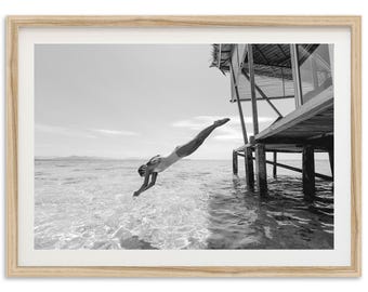 Framed Black and White Woman Diving Photography Print | Coastal Wall Art