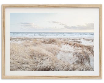 Framed Coastal Wall Art | Beach Grass Photography Print, Muted Ocean Seascape Decor, Seashore