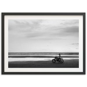 Framed Black and White Motorcycle Print | Vintage Beach Photography, Coastal Wall Art