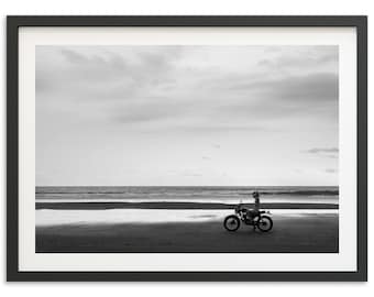 Framed Black and White Motorcycle Print | Vintage Beach Photography, Coastal Wall Art