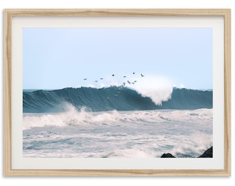 Framed Coastal Pelicans Print | Breaking Wave Ocean Art, Surf Photography, Beach Home Decor