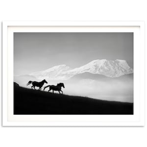 Fine Art Wild Horses Mountain Print - Black and White Mustangs Running Framed Fine Art Photography Home Wall Decor