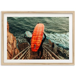 Lámina fotográfica de surf enmarcada / Decoración costera, acantilados al atardecer, arte playero de San Diego