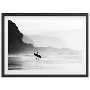 Fine Art Minimalist Surf Print - Black and White Ocean Beach Cliffs Framed Fine Art Photography Home Wall Decor