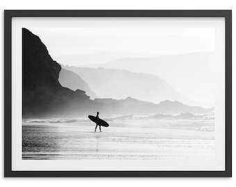 Fine Art Minimalist Surf Print - Black and White Ocean Beach Cliffs Framed Fine Art Photography Home Wall Decor