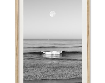 Framed Ocean Photography Print | Black and White Coastal Surf Wall Art, Moon Wave