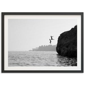 Framed Photography Wall Art | Black and White Print, Coastal Ocean Decor, Cliff Jumping Black